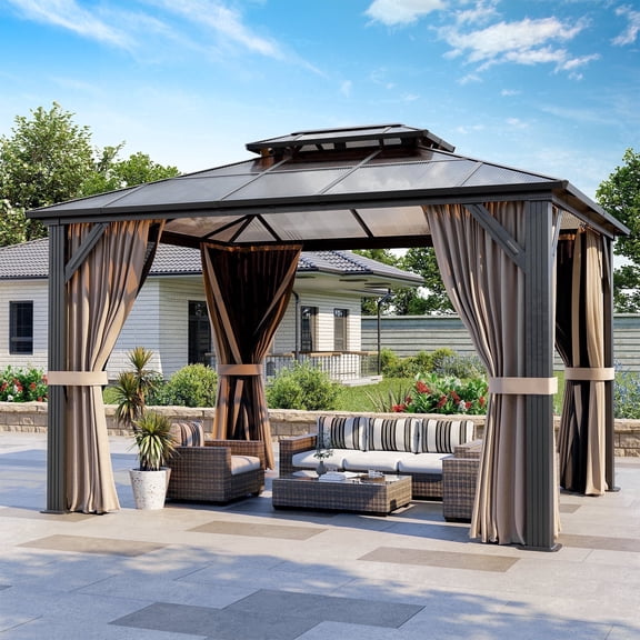 NETAJE 10x12 FT Hardtop Gazebo, Heavy Duty Gazebo with Aluminum Frame and PC Panel Double Roof, Outdoor Permanent Pavilion W/Curtain and Netting for Patio, Backyard, Lawn