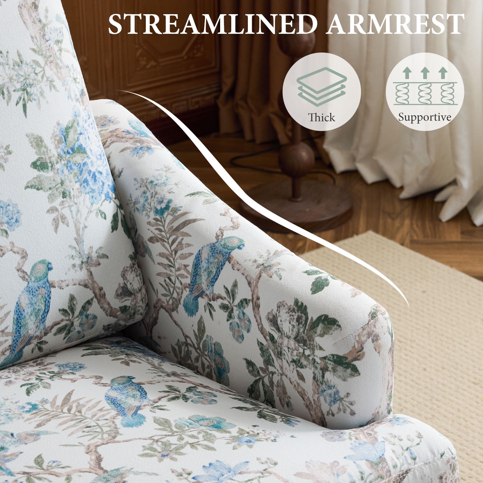Bezseller Floral Accent Chair, Upholstered Armchair with Solid Legs,for Living Room, Bedroom, Office, Beige