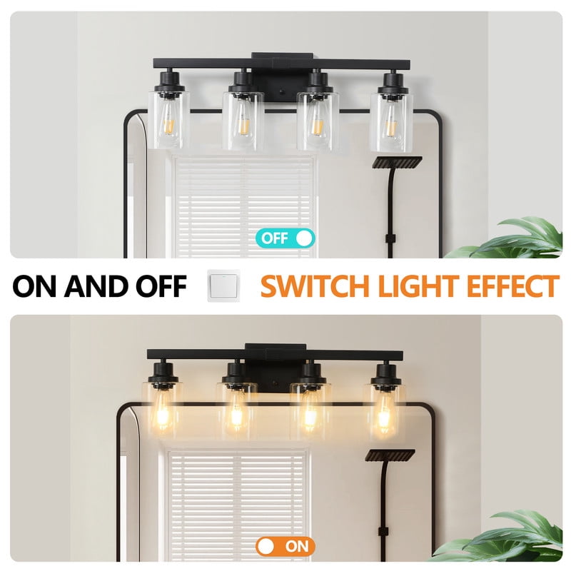 24" Black 4-Light Bathroom Vanity Light Fixture, Industrial Wall Sconce with Clear Glass Shades for Bathroom Lighting Over Mirror, Bedroom, Hallway – E26 Base (Bulbs Not Included)