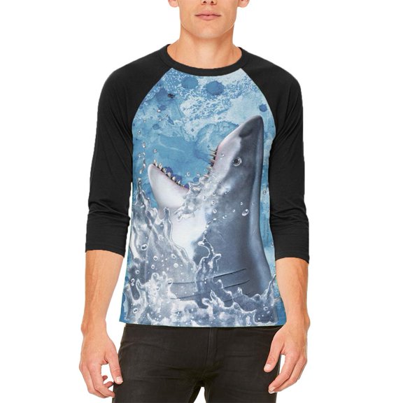 Hungry Great White Shark Breaching Mens Raglan T Shirt White-Black X-LG