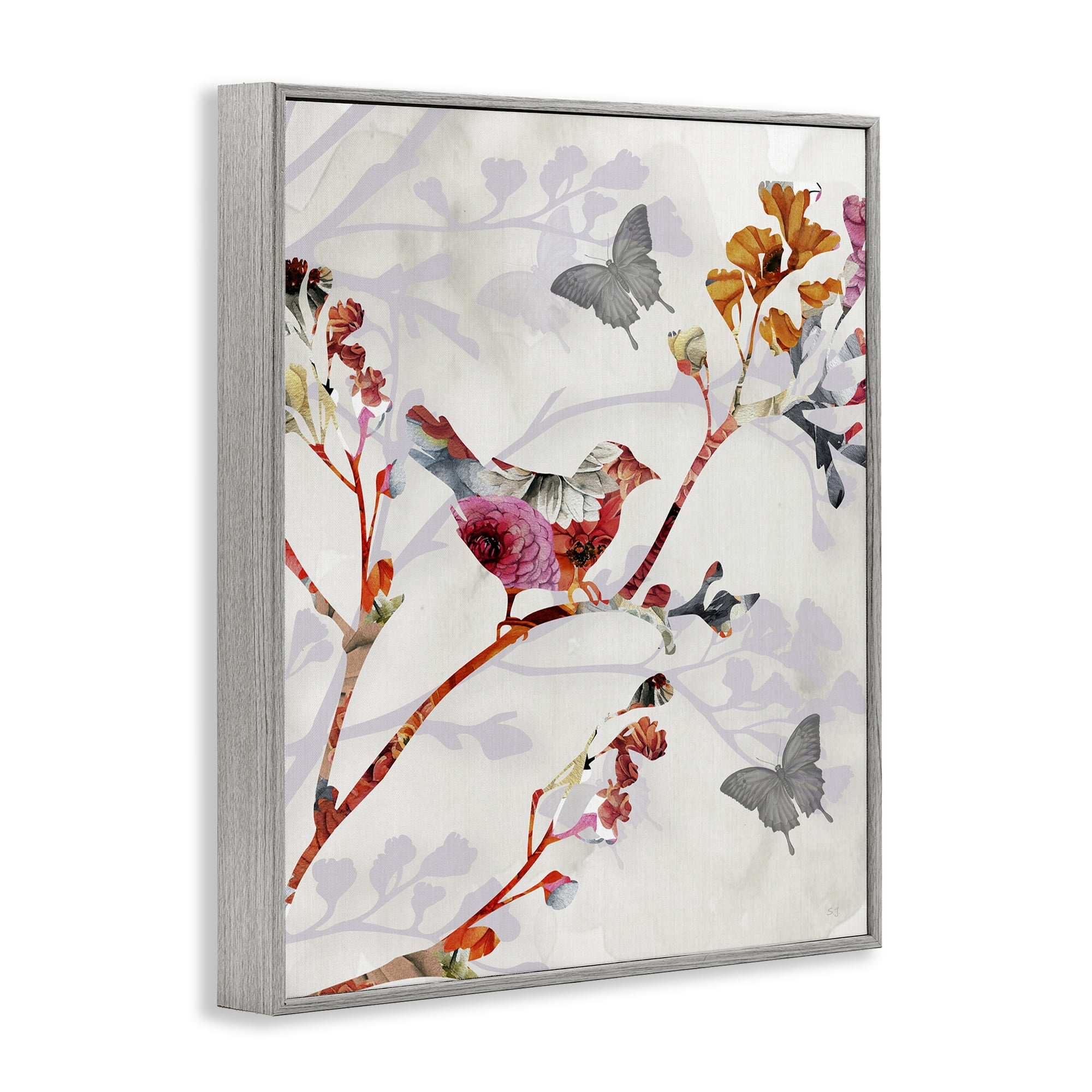 Stupell Industries Birds & Butterflies Nature Landscape Painting Gray Framed Art Print Wall Art, 16 x 20