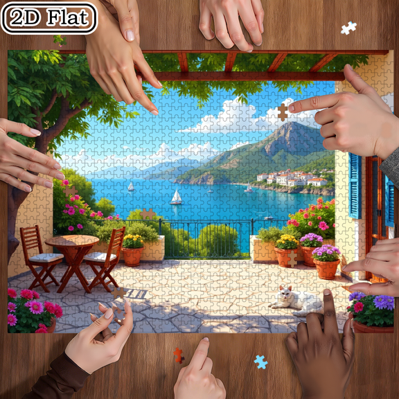 Jigsaw Puzzle - 1000 pieces, suitable for adults aged 12 and above, bright Mediterranean courtyard, 29.4x19.6 inches.