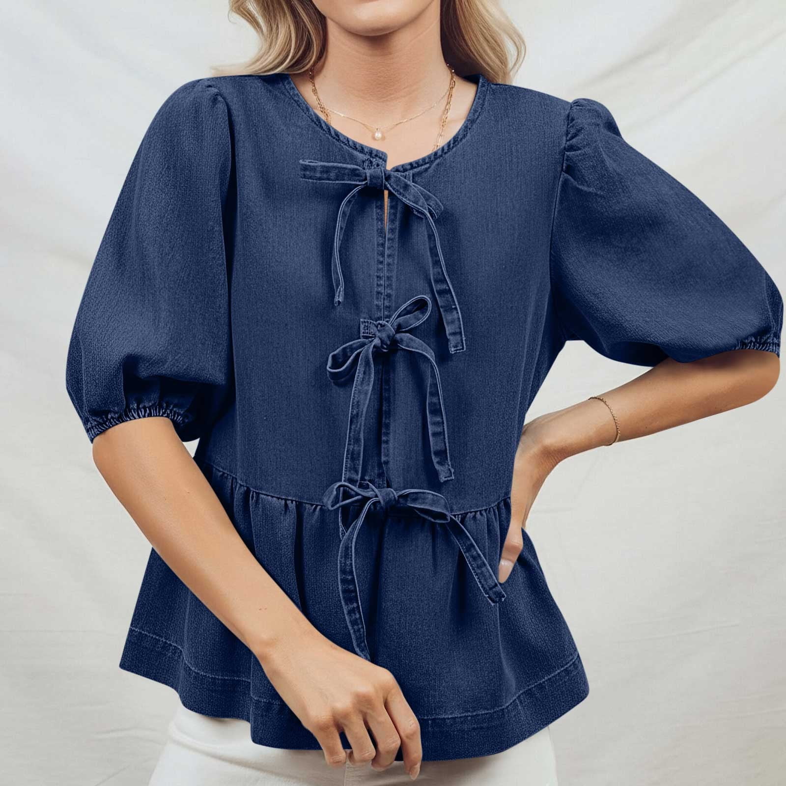 Womens Tops Under $10, Womens Denim Tie Front Tops Babydoll Peplum Puff Sleeve Jean Shirts Crew Neck Summer Casual Bow Blouses