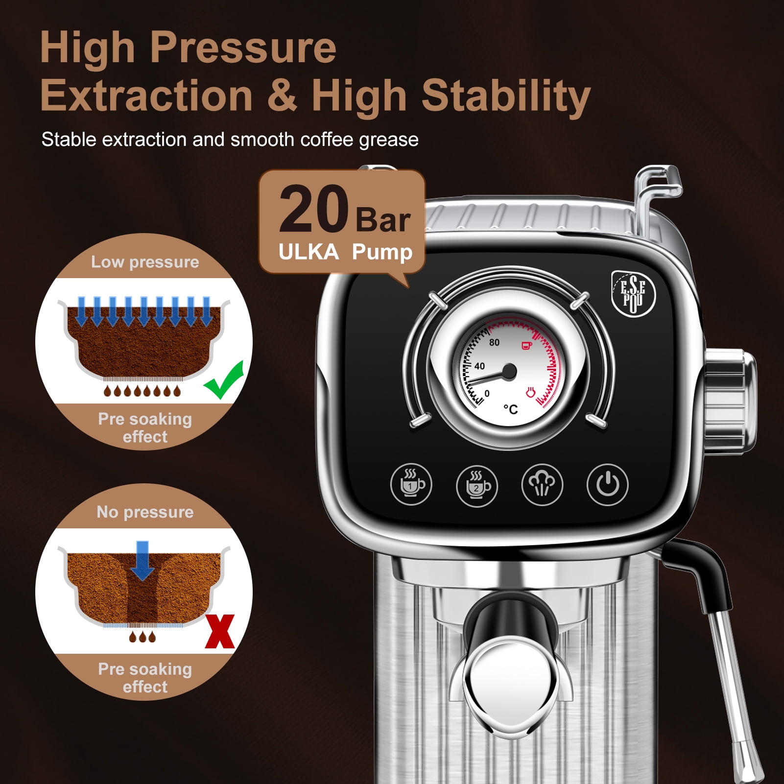20 Bar Compact Espresso Machine with Milk Frother, Dual Shot Options, ESE Pod Compatibility, Temperature Display, Removable Water Tank for Cappuccino, Latte, & Macchiato at Home