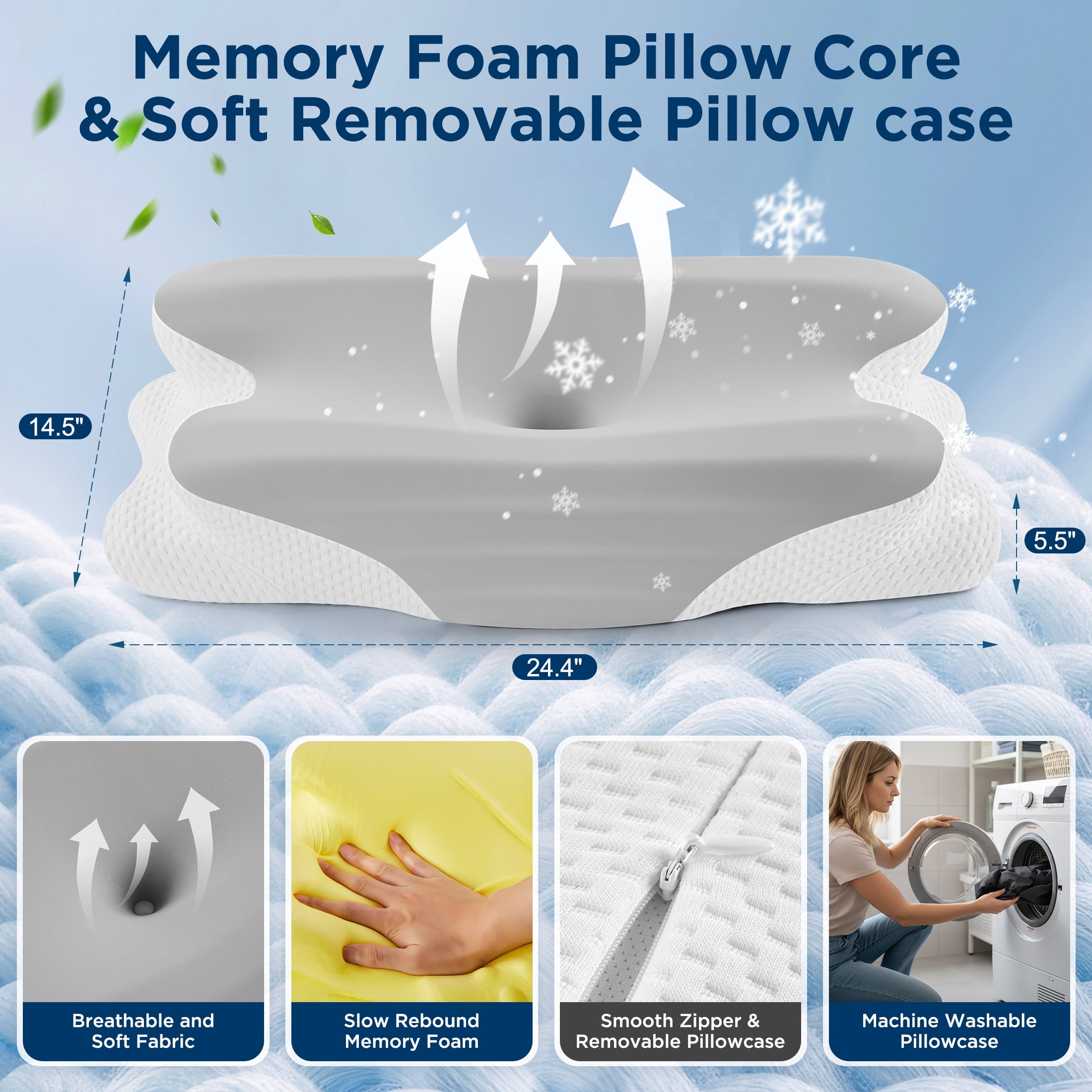 MOONORAH Cooling Bed Pillow for Neck & Shoulder Pain Relief, Cervical Support Contour Pillow for Side, Back, Stomach Sleepers, Orthopedic Memory Foam with Cooling Cover,Gray & White