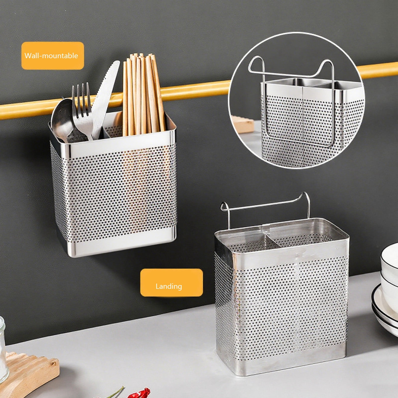 Stainless Steel Chopsticks Holder Ventilated Utensil Organizer with Hanging Hook for Kitchen Countertop Wall Mount Storage Solution for Forks Spoons Cooking Tools Drainage Design
