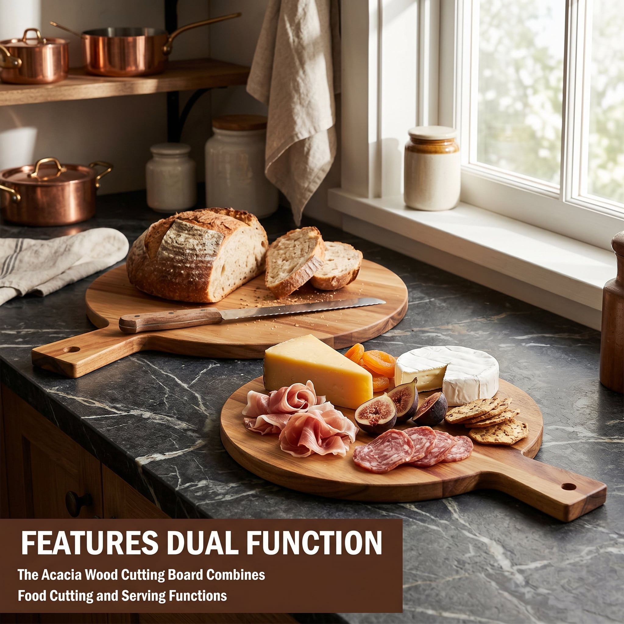 Acacia Wood Charcuterie Board, 12 Inch Round Tray with Handle, Multipurpose Acacia Wood Cutting Board for Cheese, Bread, Meat and Pizza Serving