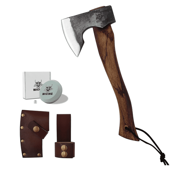 WICING Camping Hatchet 13.5"–1065 Carbon Steel Axe with Beech Wood Handle & Leather Sheath, Survival Hatchet for Camping, Wood Chopping, Outdoor Tools