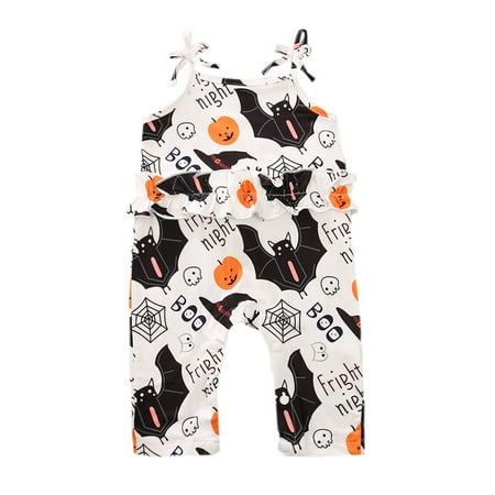 

Baby s Halloween Pumpkin Print Jumpsuit Sling Sleeveless Bow Falbala One-piece