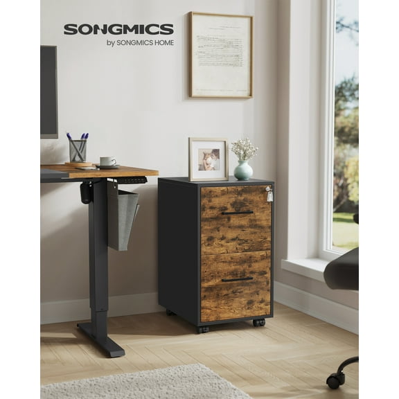 File Cabinet with Lock, 2-Drawer Mobile Filing Cabinet for A4 Legal Letter Sizes, Pre-Assembled, Rustic Brown & Black