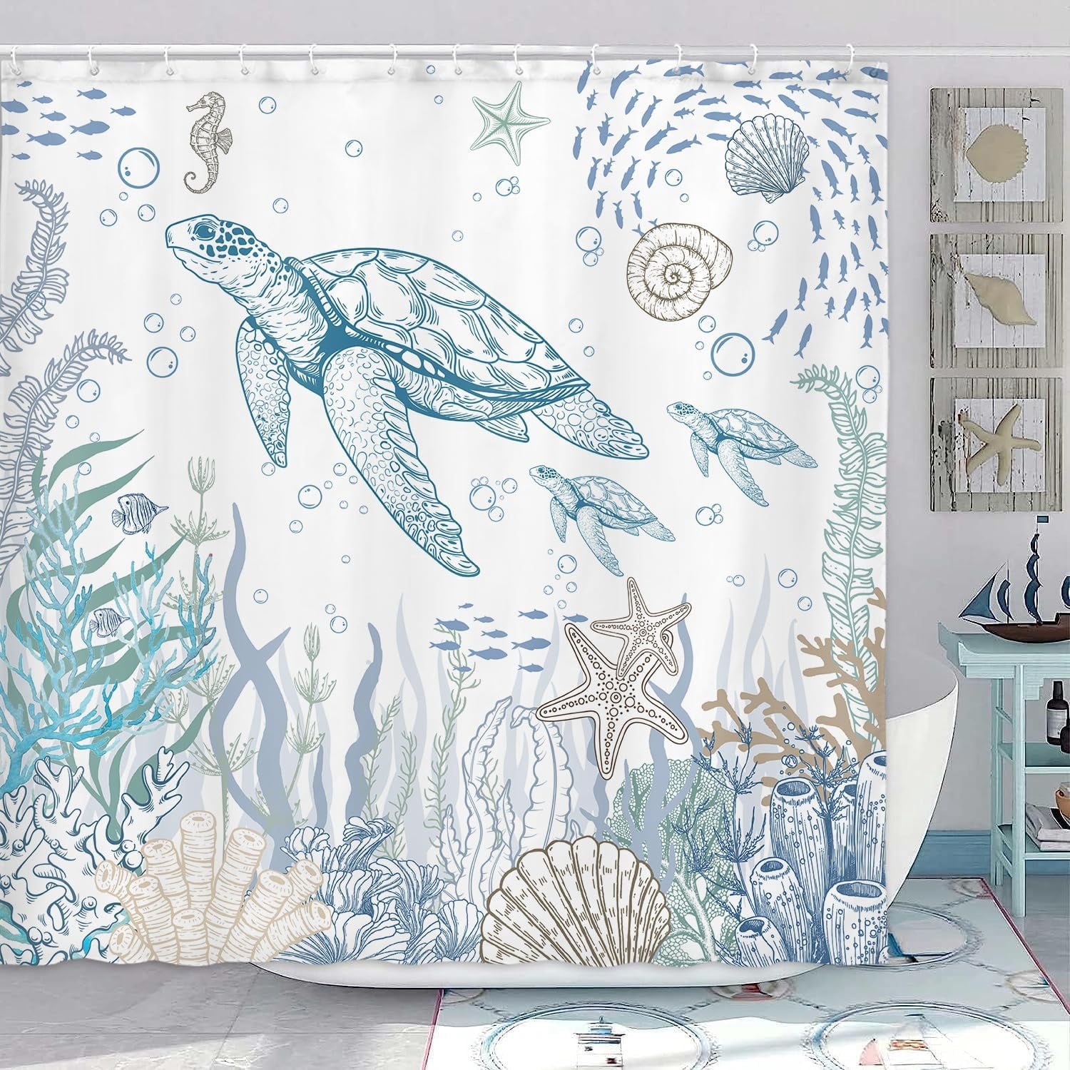Beach Ocean Theme Shower Curtain, Nautical Coastal Tropical Fish Sea Turtle Fabric Shower Curtains Set for Kids Bathroom Decorative, Fun Turquoise Blue Restroom Accessories with Hooks 72X72 Inch
