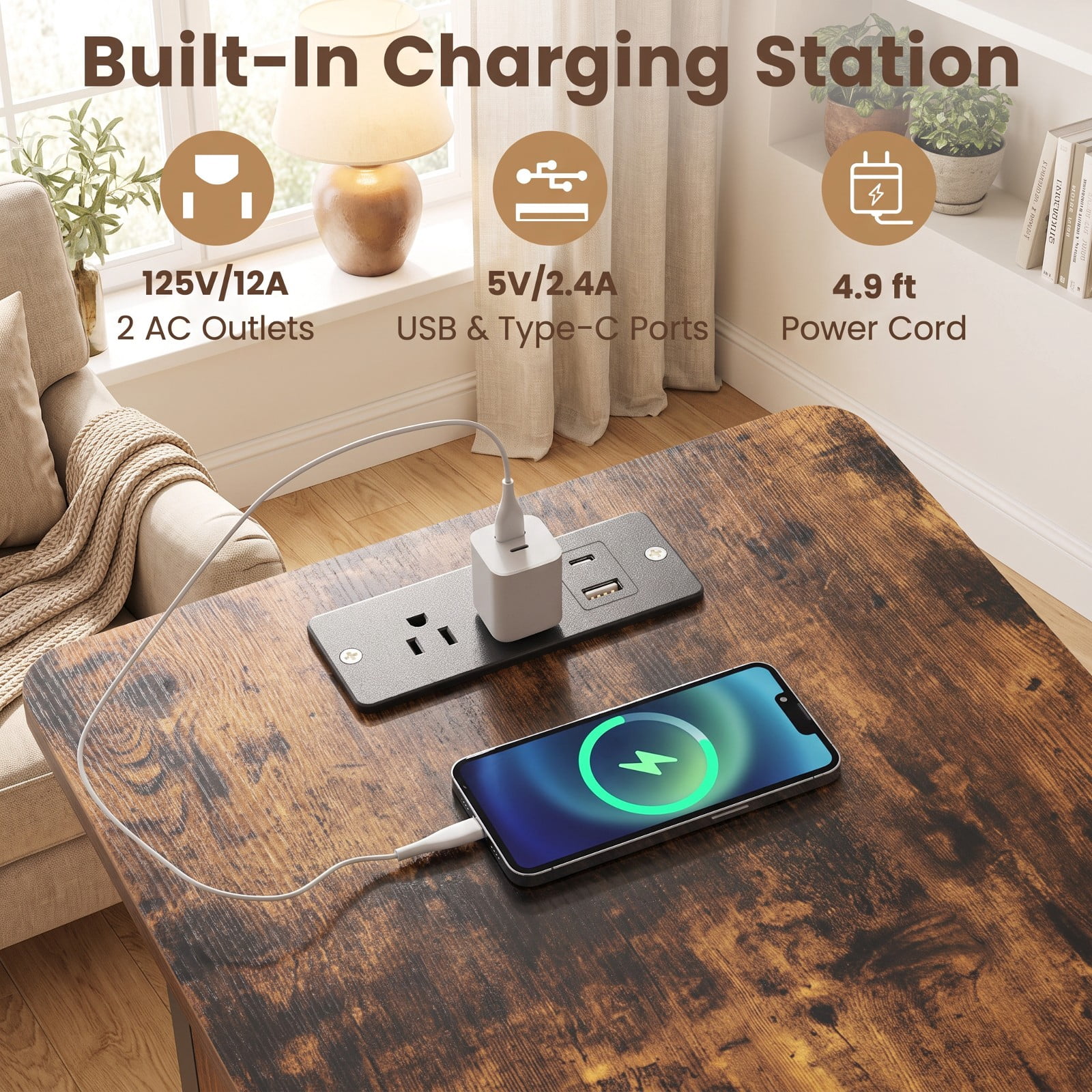 Furnibear End Table with Charging Station USB Ports Outlets and Flip Top Hidden Compartment for Living Room Bedroom and Sofa Side, Coffee