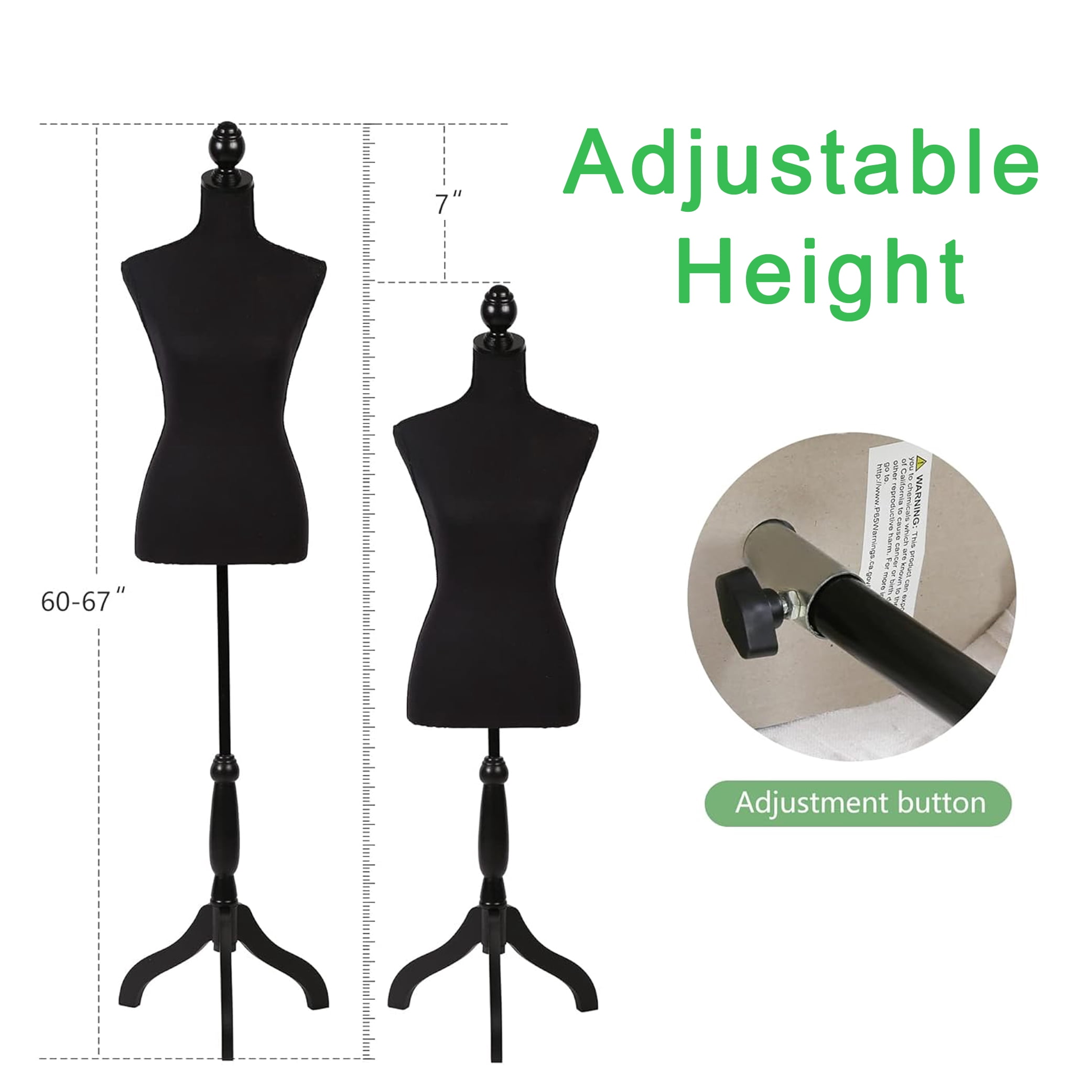 Female Mannequin Dress Form Manikin Body Torso with Wooden Tripod Base Stand Adjustable Height Pinnable Feature for Sewing Dress Jewelry Display, Black