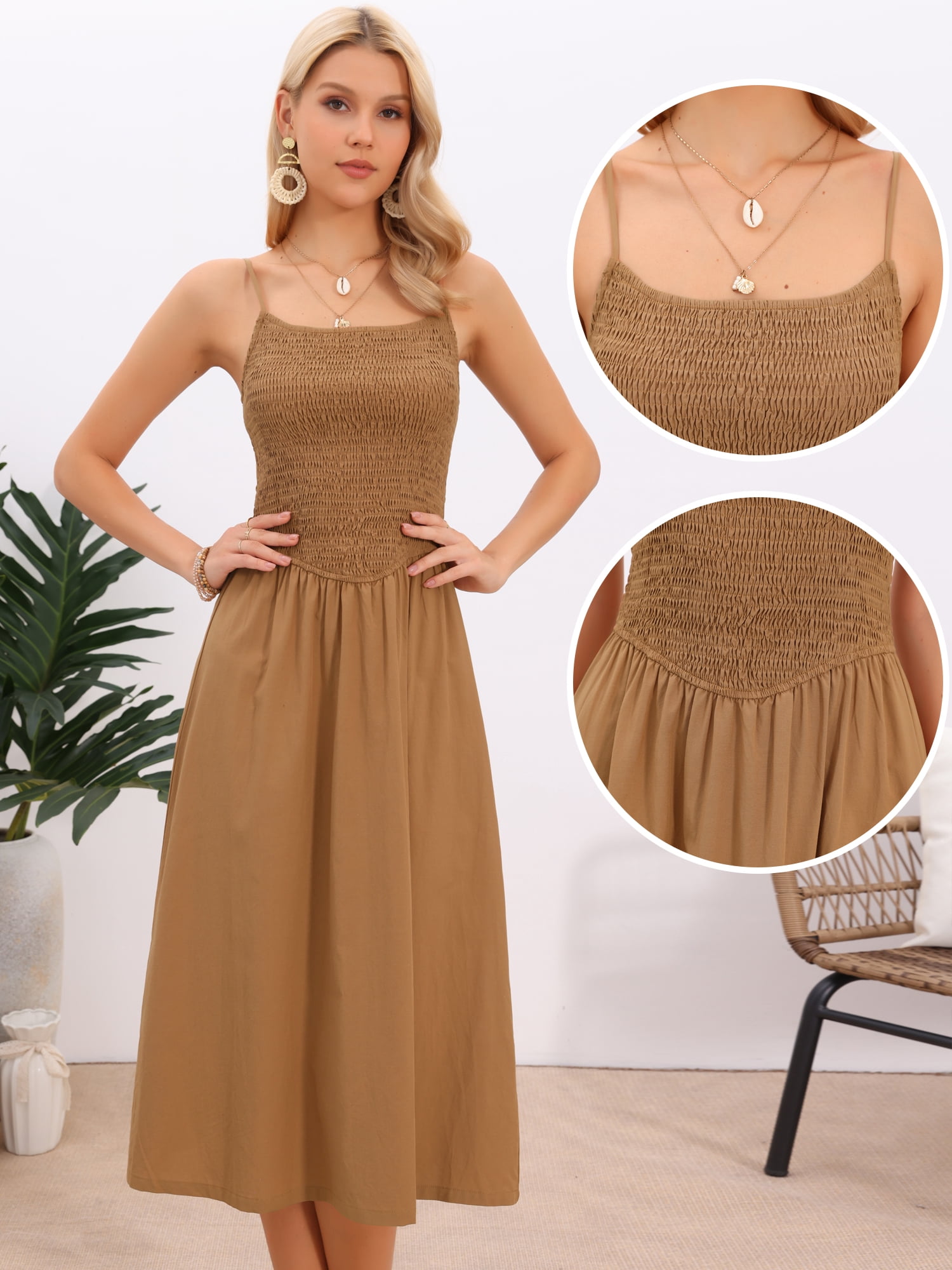 DARING DIVA Women's Spaghetti Strap Smocked A Line Swing Flowy Midi Dresses XS Brown