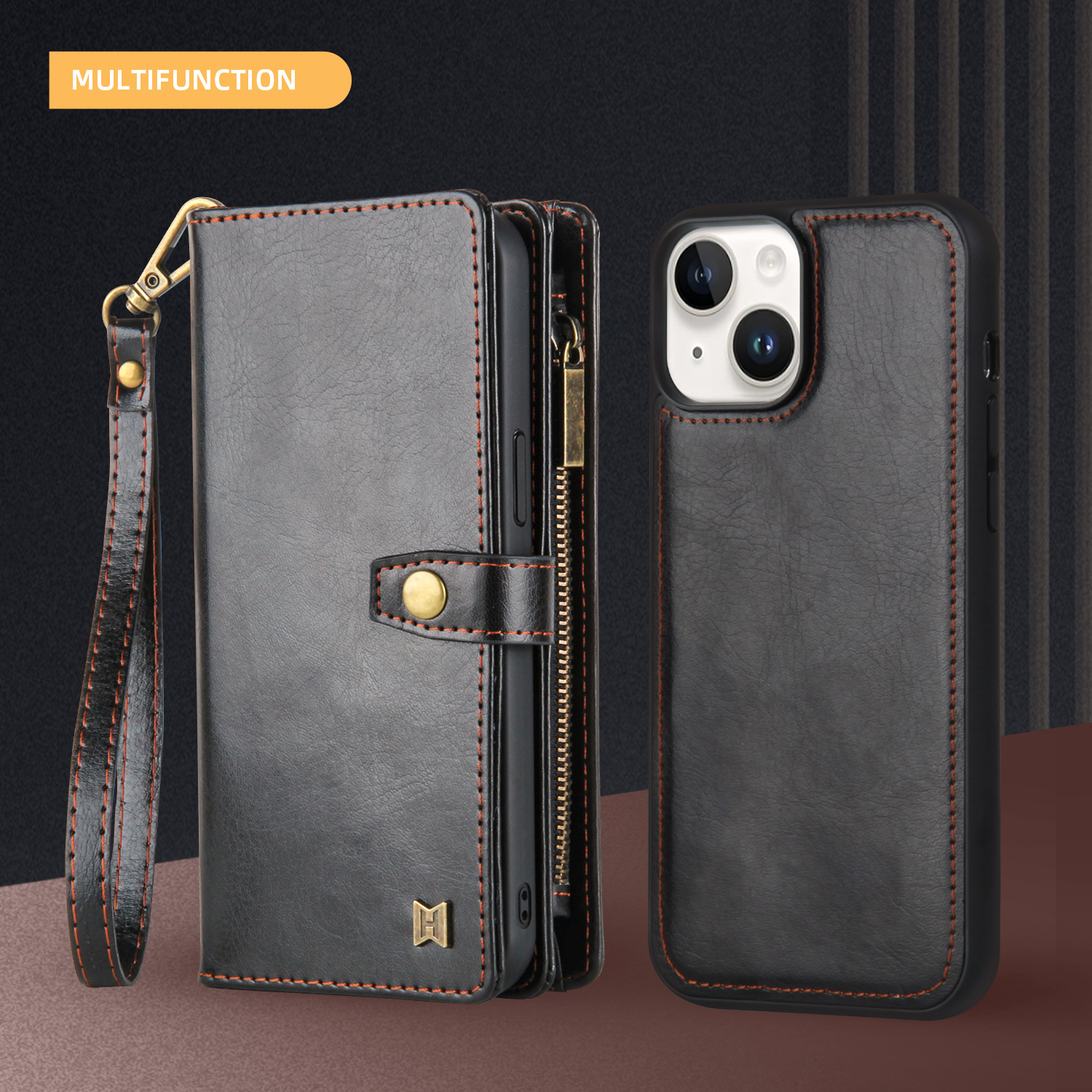 2 In 1 Wallet Phone Case for Apple iPhone 13, Detachable Magnetic Back Cover with Cards Holder Zipper Pocket Hand Wrist RFID Blocking Snap Closure Shockproof Case for iPhone 13, Black