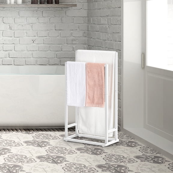 2-Tier Freestanding Towel Rack, Metal Towel Stand with Adjustable Footings, Space-Saving Bathroom Towel Holder for Towels Blankets Robes, Matte