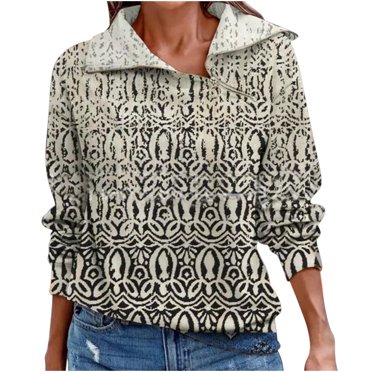 Hauts pour Femmes Manches Longues Printemps Imprimé Manches Longues Fermeture Éclair Tee Décontracté Hauts Manches Longues pour Femmes