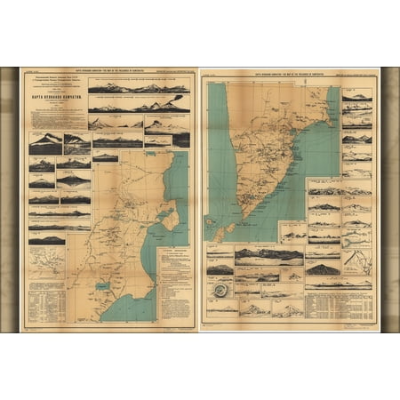 24"x36" Gallery Poster, Map of volcanoes Kamchatka russia 1926 in russian