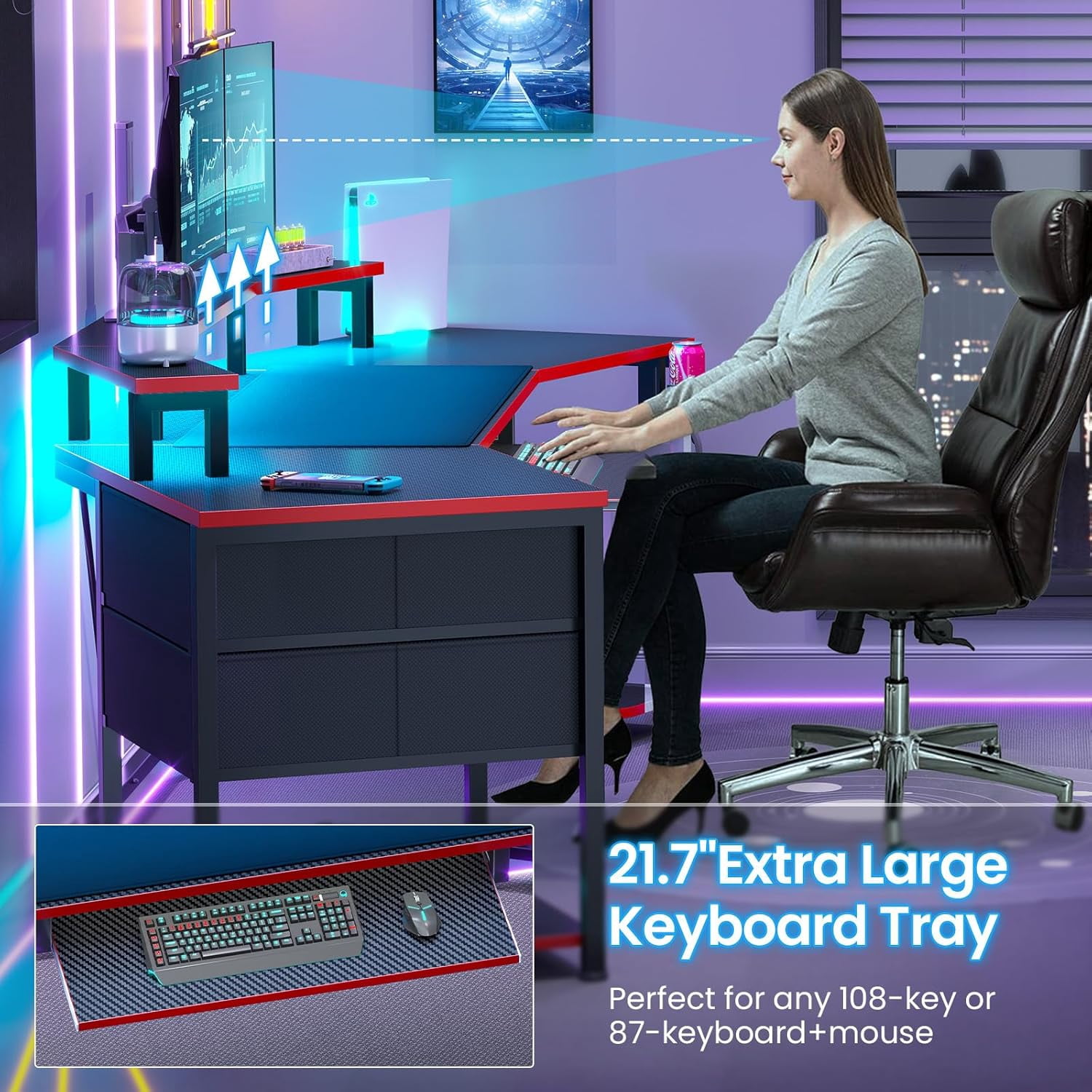 SEDETA 79" Gaming Desk with LED Lights and Power Outlets, U Shaped Desk with Monitor Stand and Drawers, Gaming Table with Keyboard Tray, Cup Holder and CPU Stand for Bedroom, Carbon Fiber Black & Red