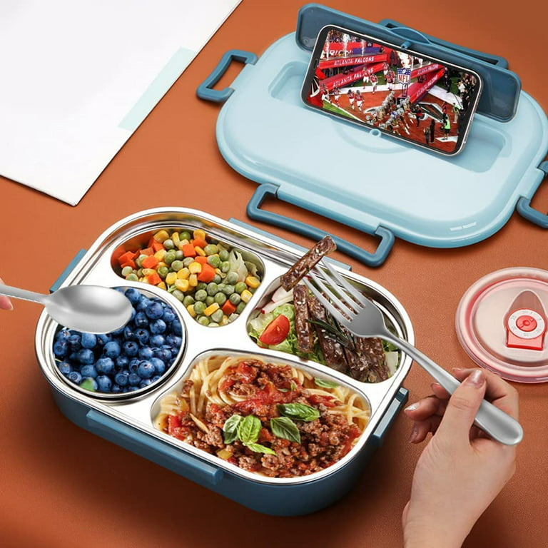 Xmmswdla Stainless Steel Lunch Box 4 Compartments Portable Bento Box for Kids Student or Adult Food Storage Containers with Lids Airtight Soup Bowl 