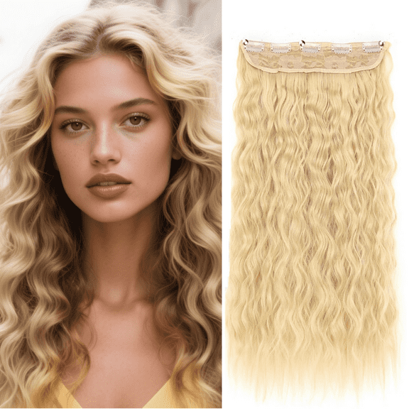 Morovan 22 Inch Wavy Clip-In Hair Extensions - 5-Piece Set Natural golden Synthetic Hair for Wom， long and fluffy, easy to wear