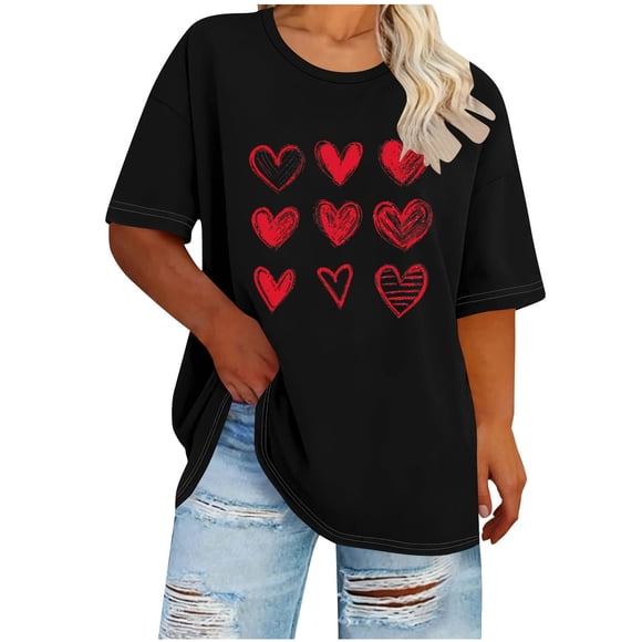 Tejiojio Women's Plus Size T-shirt Valentine's Day Heart Print Round Neck Short Sleeve Tops Spring Summer XL-5XL