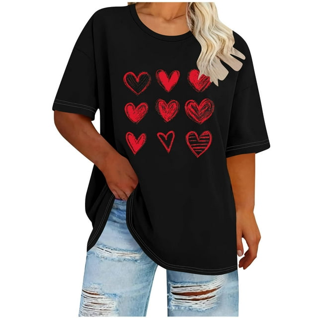 Nuoqisi Women's Heart Print Day Plus Size Round Neck Short Sleeve Spring/Summer Base Layer T-Shirt