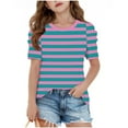 thumbnail image 2 of Viluyesy Girls T-Shirt 10-12 T, Crew Neck Bubble Short Sleeve Striped Prints Summer Casual Fashion Tee Dark Blue(4-15T), 2 of 4