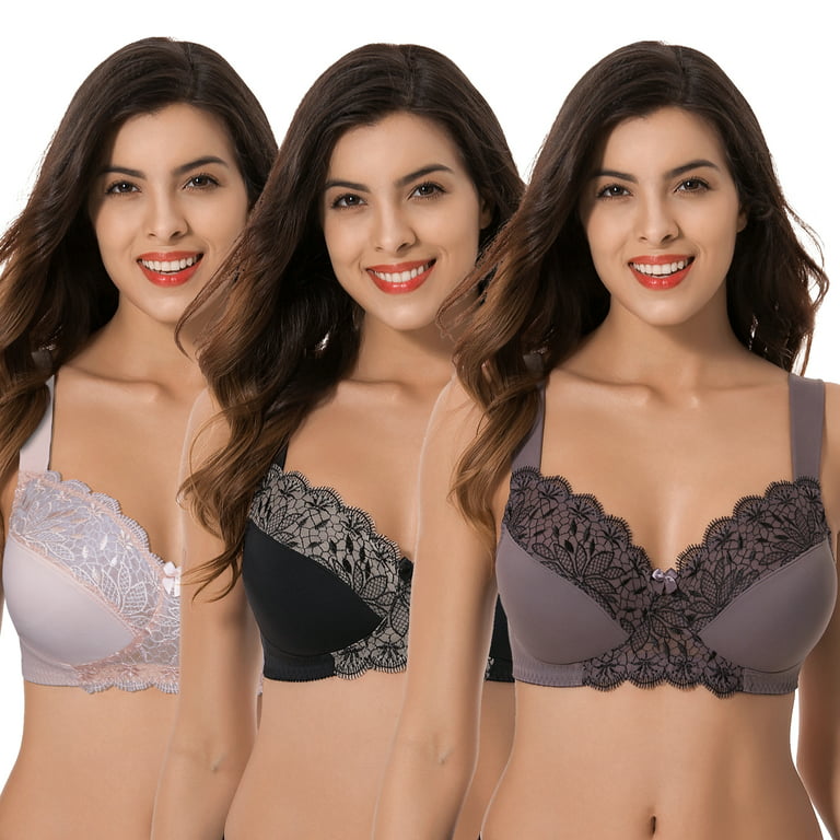 Curve Muse Plus Size Unlined Minimizer Wirefree Bras with Embroidery  Lace-3Pack-PINK,BLACK,GRAY-44D