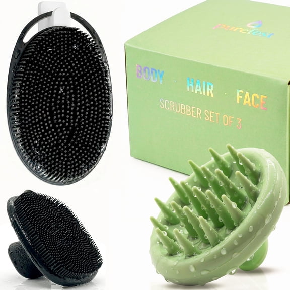 purefest 3-Piece Silicone Scrubber Set for Body, Hair, and Face - Exfoliating Shower Kit, Green/Black