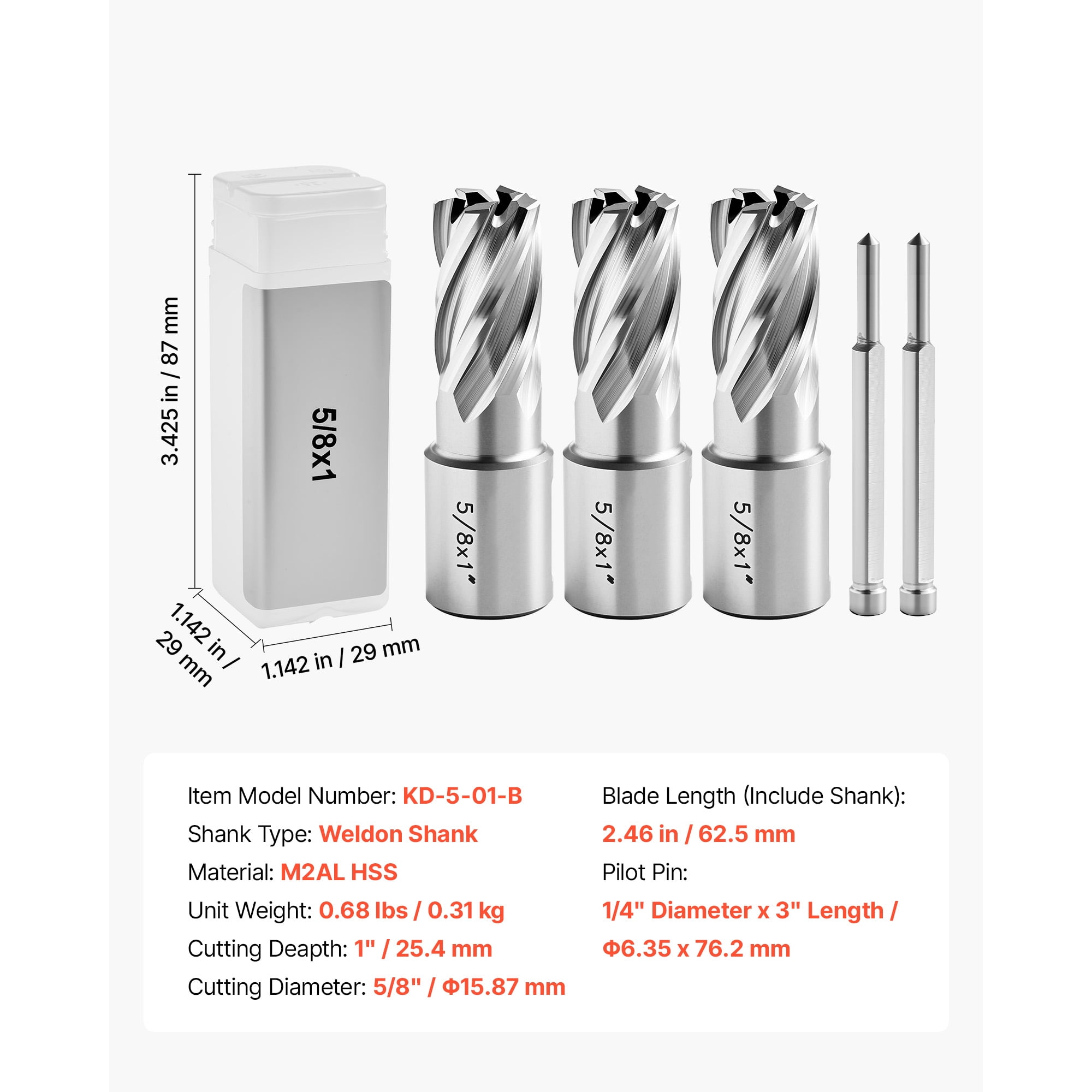 KFFKFF Annular Cutter Set, 5-Piece Weldon Shank Drill Bit Kit, 1-Inch Cutting Depth, 5/8-Inch Diameter, HSS Material, Includes 3 Drill Bits, 2 Pilot Pins, and 3 Storage Cases