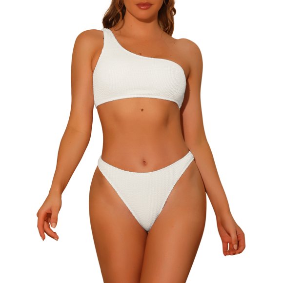Women's One Shoulder Bikini Sets 2 Piece Asymmetric Ribbed Triangle Bottoms Sporty Swimwear Bathing Suits Large White