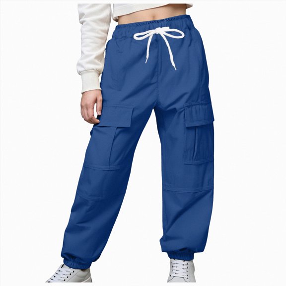 Splozh Cargo Pants Girls Casual Trousers Comfortable Soft and Fashionable Pocket Work Trousers Casual Jogger Pants,Blue,13-14 Years