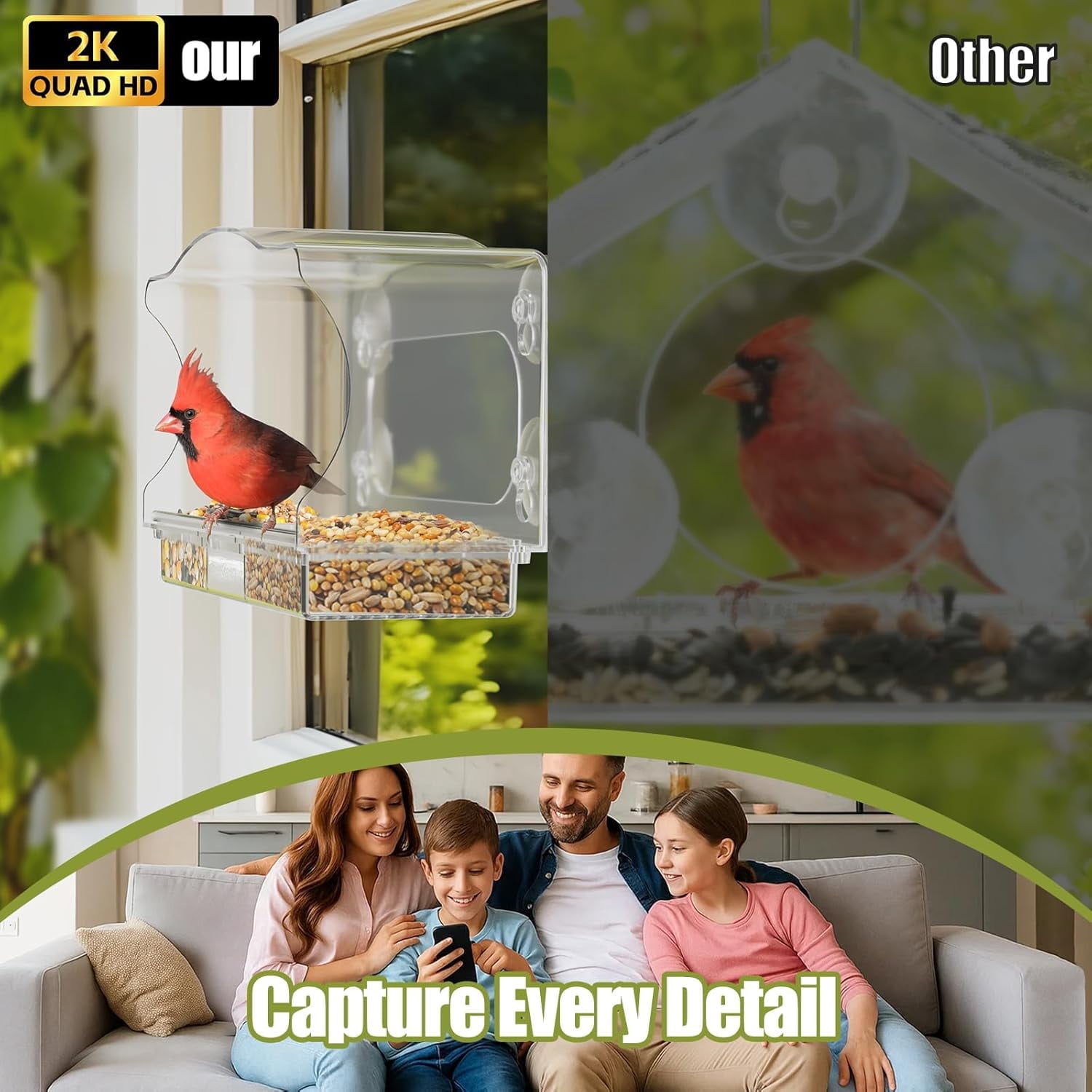 Coolfly x Freeseason Smart Window Bird Feeder with 2K HD Camera, Suction Cup Mount for Apartments, Anti-Glare Video with AI Species ID & No Monthly Fees - Modern Flat Top Design