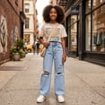thumbnail image 5 of FEDPOP Baggy Jeans for Girls Wide Leg Ripped High Elastic Waisted Denim Pants Cute Summer Trousers Y2K Streetwear 7-14Y, 5 of 7