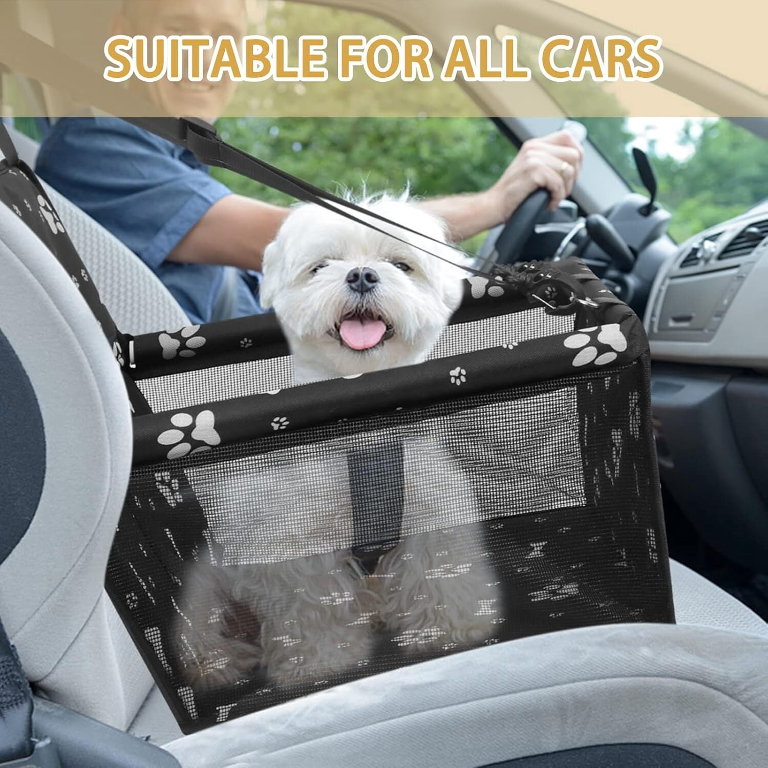 Asunby Foldable Dog Car Seat, Waterproof Dog Car Booster Seats Portable Pet Booster Travel Safety Protector for S/m Dogs, Puppies, Bones & Footprints Black