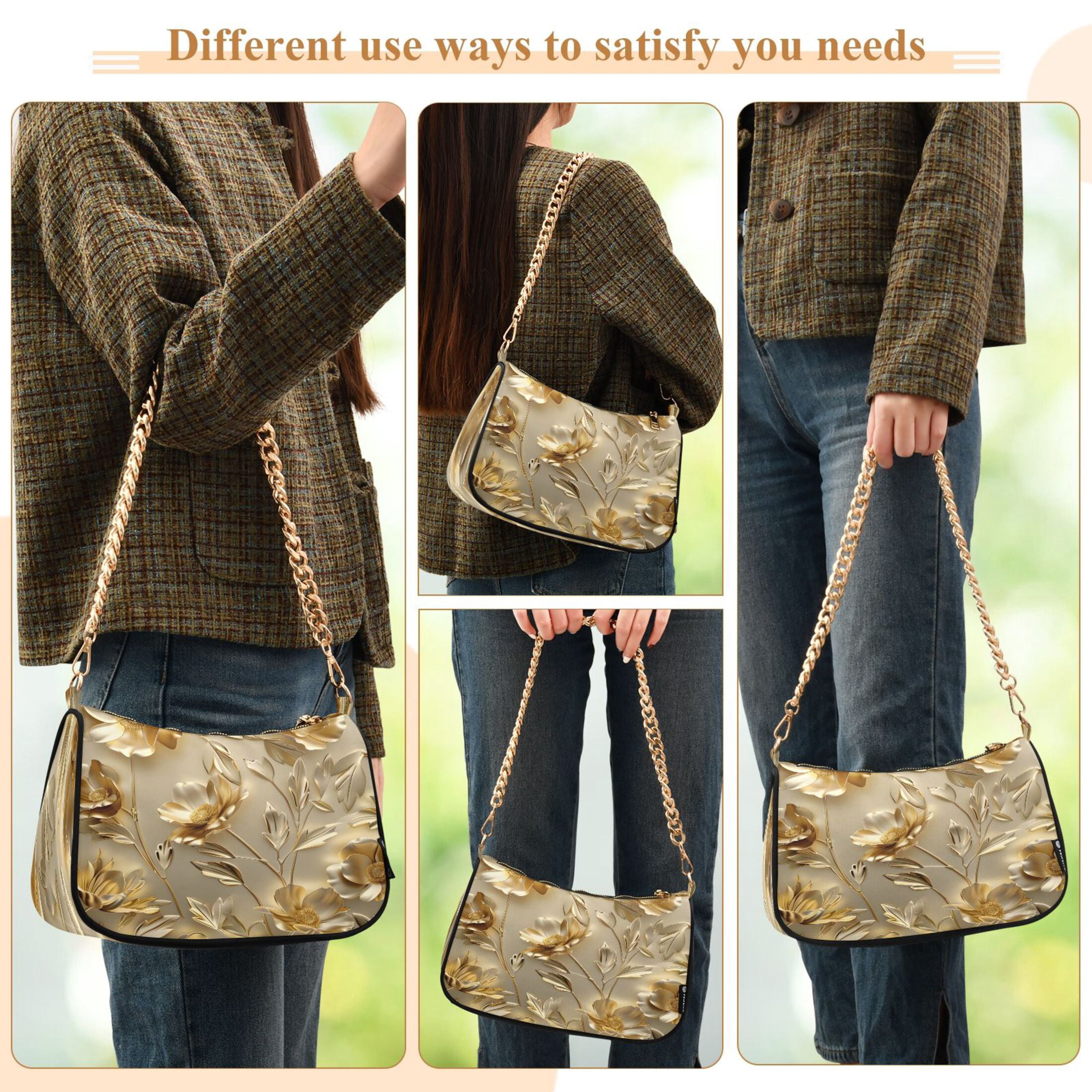 Ryvnso Luxury Gold Flower Womens Chain Shoulder Bag Tote Handbags Clutch Hobo Purse with Zipper for Travel