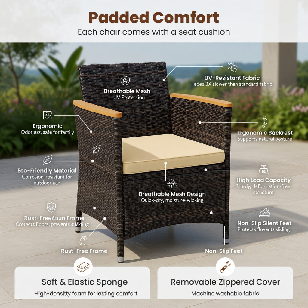 Hommoo 2-Piece Outdoor Wicker Dining Chair Set, High-Back PE Rattan Patio Chairs with Cushions, Acacia Wood Armrests & Heavy-Duty Metal Frame for Backyard, Porch or Poolside, Natural
