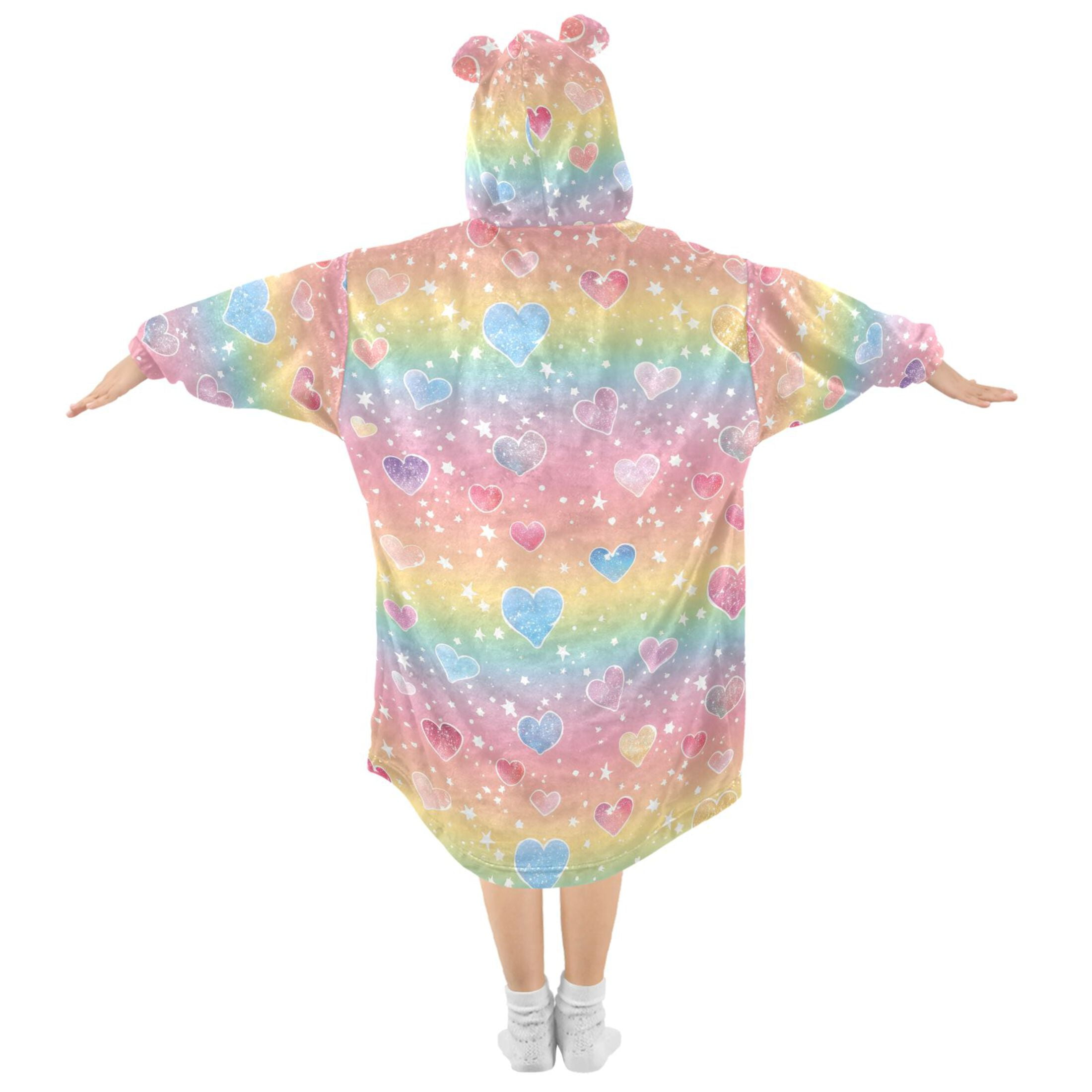 Dailycode Wearable Blanket Hoodie Oversized Sherpa Flannel Blankets with Pocket for 3-14 Year Old Rainbow Hearts