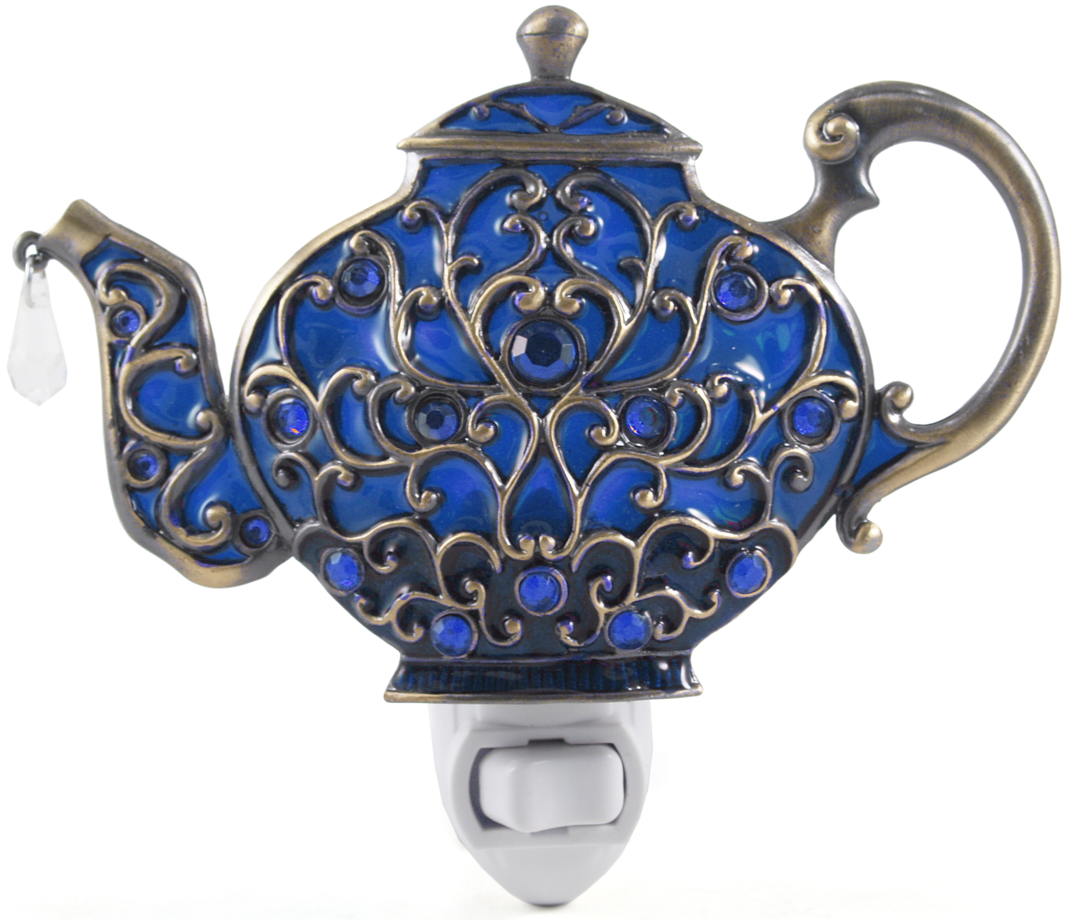 Victorian Blue Stained Glass Pewter Teapot Night Light