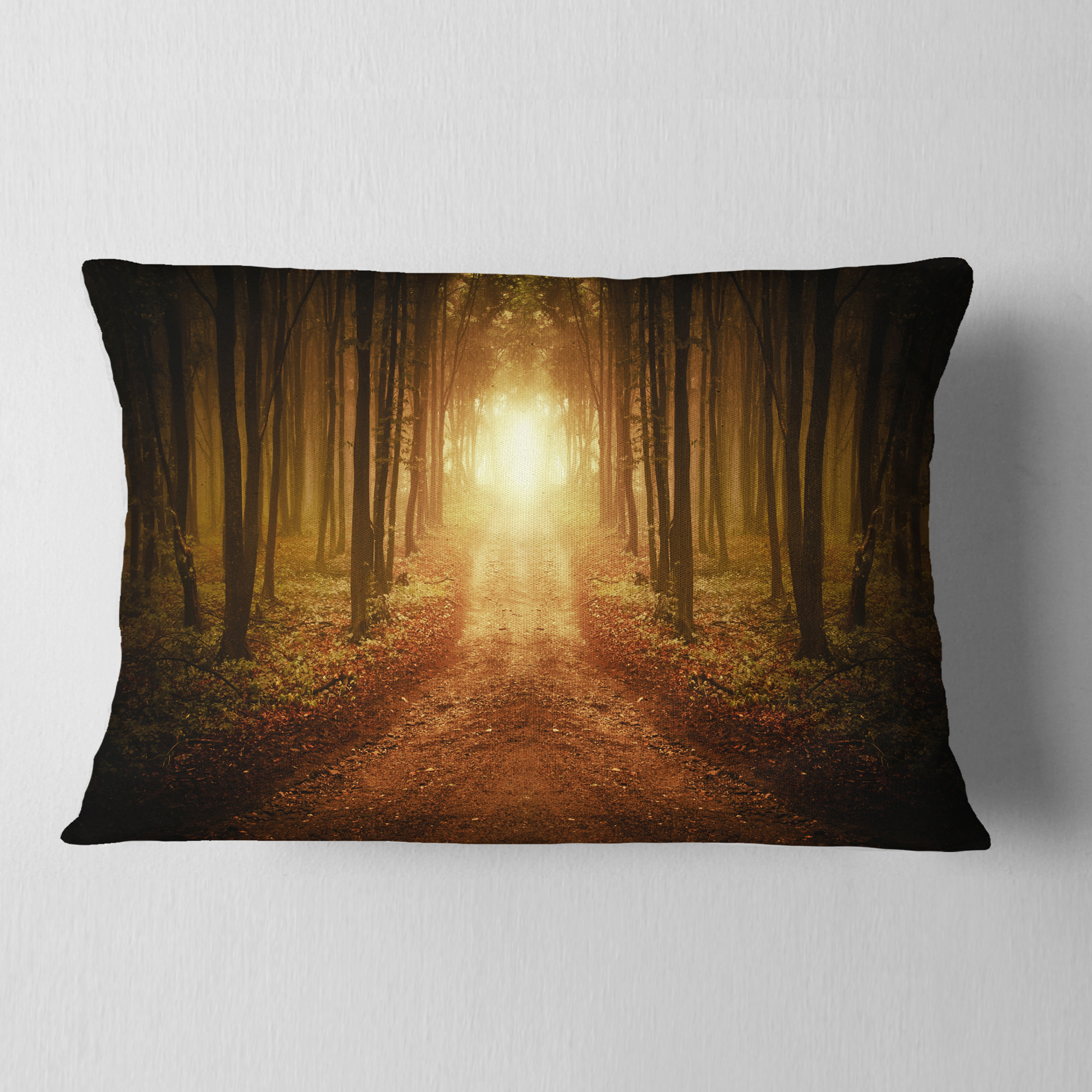 Designart Road in Symmetrical Forest - Landscape Photography Throw Pillow - 12x20