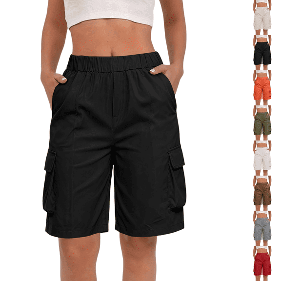 Bermuda Shorts Womens Cargo Shorts with Pockets Pull on High Waisted Summer Walking Workout Hiking Athletic Petite Knee Length Long Shorts Black S