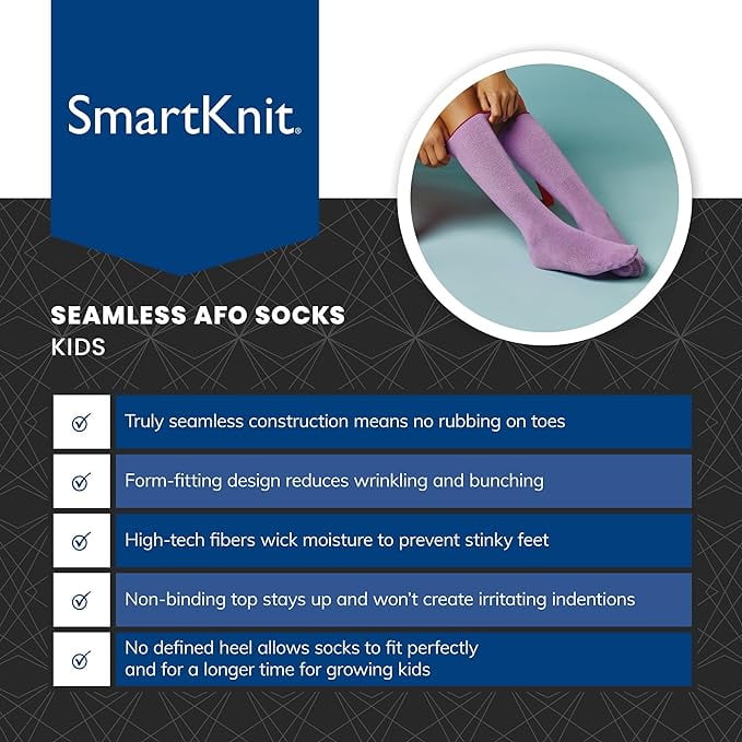 SmartKnit Kids Seamless AFO Interface Socks - 3 Pack (White/Pink/Purple,  Child Regular) 