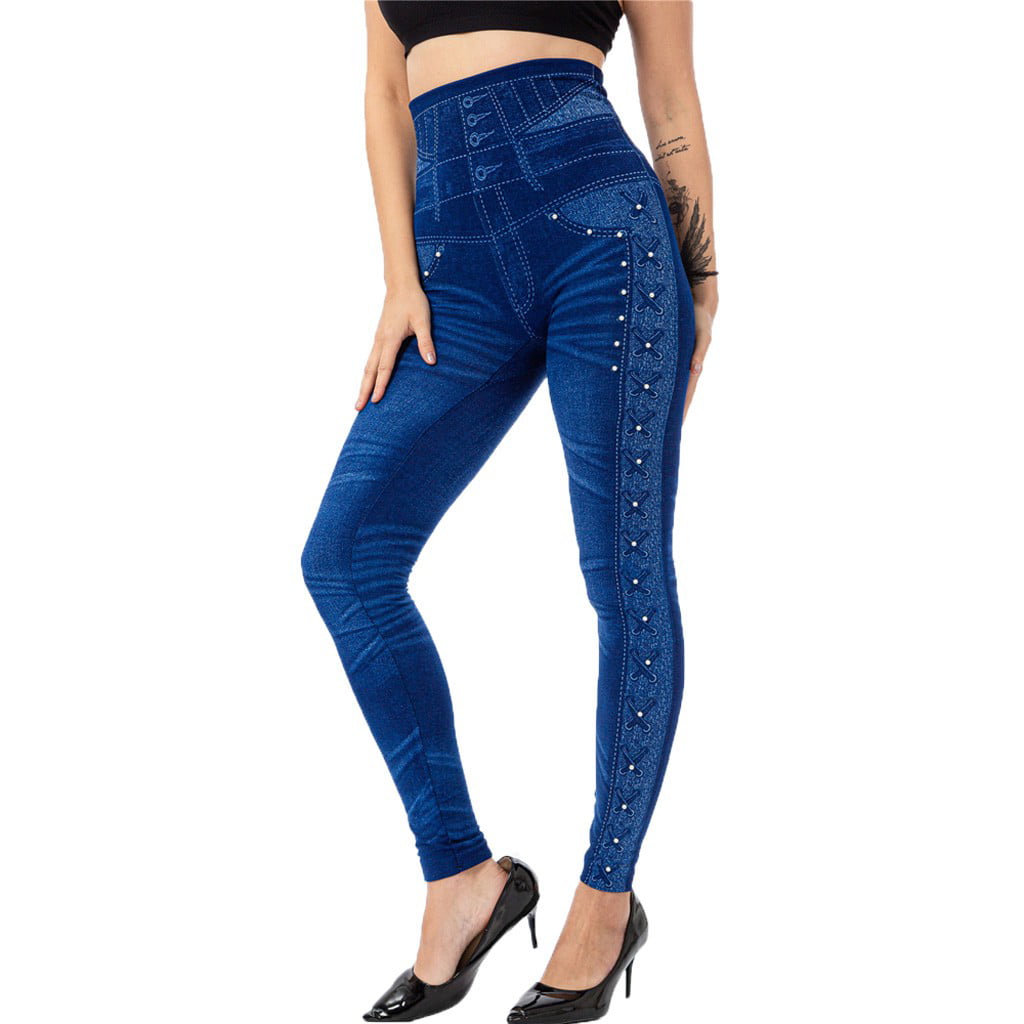 Details about   Fashion Women Faux Denim Jegging Slim Causal High-Waisted Leggings Body Shaper 
