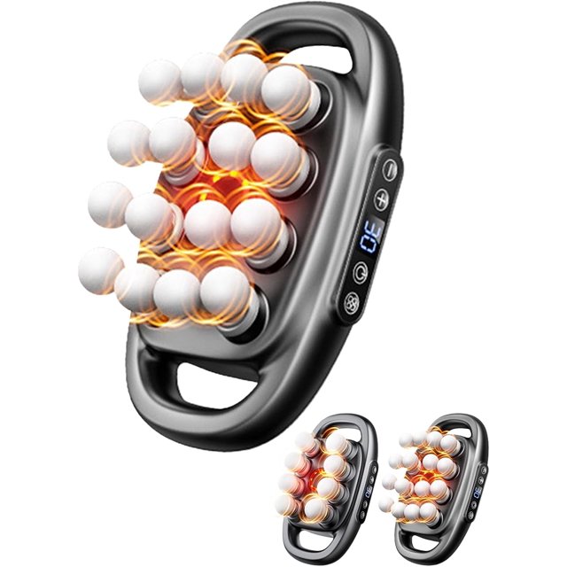 16-Drive 8-Head Massage Gun Set in gray, featuring 16 massage heads and an ergonomic handle. Equipped with a digital display, it offers 30 customizable intensity levels for deep percussion massage. Ideal for back, shoulders, and legs, it operates quietly and includes a long-lasting rechargeable battery. Weighs 1.7kg and is portable for on-the-go use.