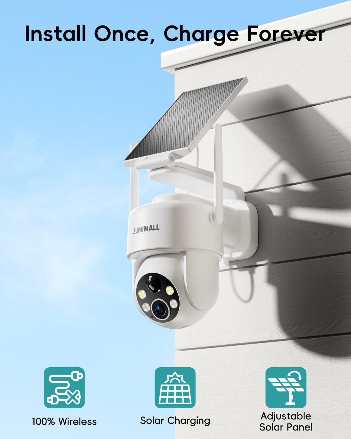 ZUMIMALL 2K Solar Security Camera Outdoor Wireless, 360° PTZ, Color Night Vision, IP66 Waterproof, 2.4GHz WiFi, Dual-Mount Solar
