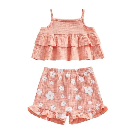 

Toddler Baby Girls Summer Clothes Sets Solid Sleeveless Ruffles Cotton Linen Tanks Tops+Floral Elastic Waist Shorts Casual Outfits