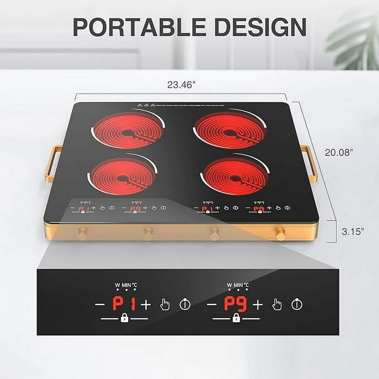 Electric Cooktop 4 Burner 24 inch Electric Hot Plate for Cooking 6000w Electric Stove Top Knob Adjustment Timer 220 240v No Plug Suitable for all