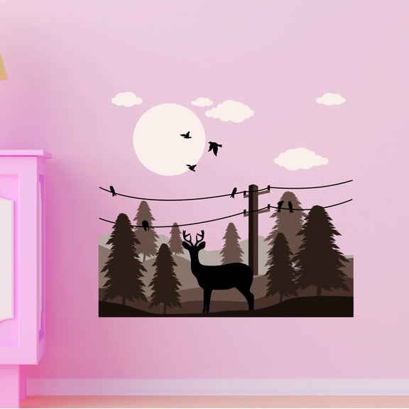 Outdoor Scenes Wall Decal Beautiful Wildlife Landscape with Reindeer Trees and Mountains. Bedroom Wall Decal for Children Forest Cute Themed Room Décor - Size: 40 In x 36 In