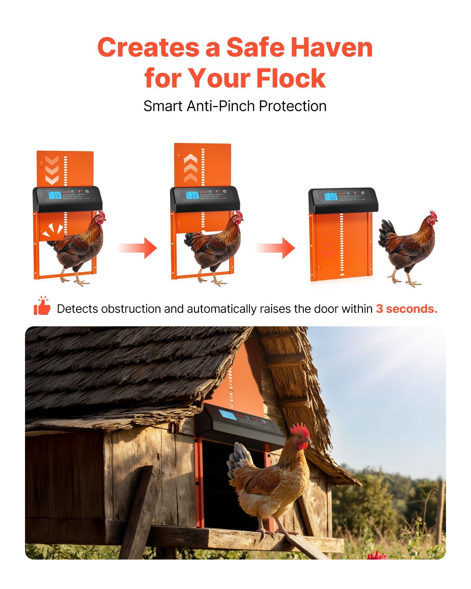 Automatic Chicken Coop Door, Timer and Manual Modes, Anti-Pinch Protection, Aluminum Alloy with ABS Housing, AA Battery Powered, Easy Installation for Backyard Coops